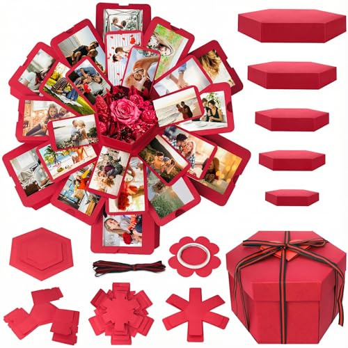 Koogel Explosion Gift Box, Red Surprise Picture Love Box with DIY Scrapbooking Accessories Exploding Photo Album for Anniversary, Birthday, Wedding