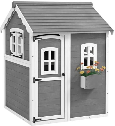 Outsunny Casetta per Bambini 3-8 Anni con 6 Finestre e Fioriera, Casetta da Gioco in Legno di Abete, 104.5x110x137 cm, Grigia