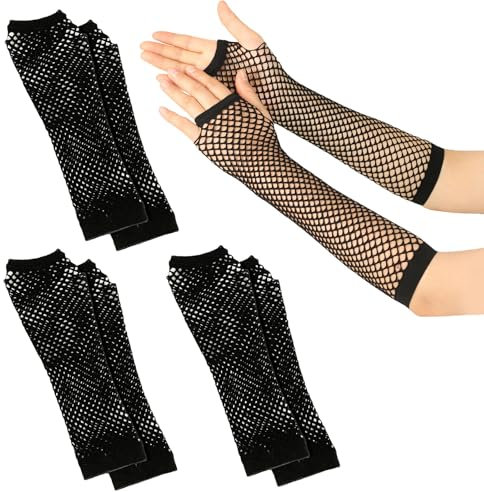 FUIPVGI 3 Paar Fingerlose Netzhandschuhe, Fischnetz Handschuhe, Netz Mesh Handschuhe, Damen Lang Abendhandschuhe, Netzhandschuhe für 80er Jahre Verkleidung Kostüm Party Lieferungen Karneval (Schwarz)