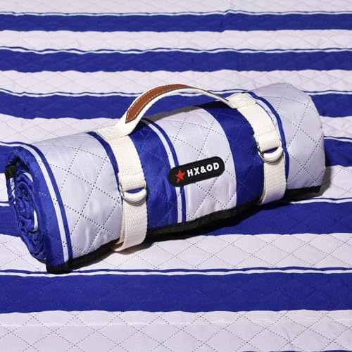 HX&OD Couverture de pique-nique d'extérieur extra large, 203,2 x 152,4 cm, imperméable, pliable, couverture de camping portable avec sangle de transport pour tapis de plage (bleu vif et blanc)