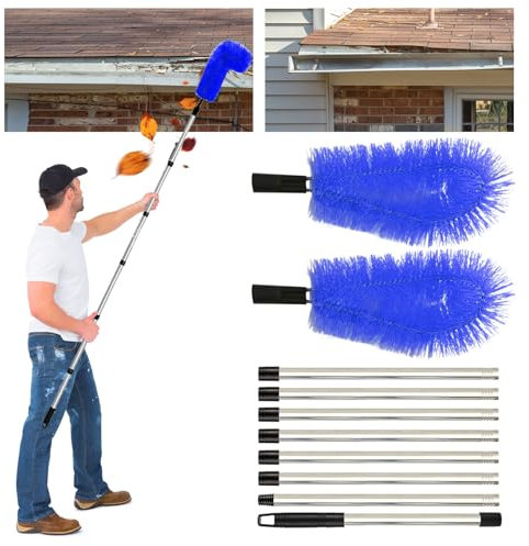 Herramienta de limpieza de canalones telescópica, cepillo de limpieza de canalones con poste telescópico de acero inoxidable, extensible 310 cm, para limpiar hojas, nieve, suciedad y derrames, techo