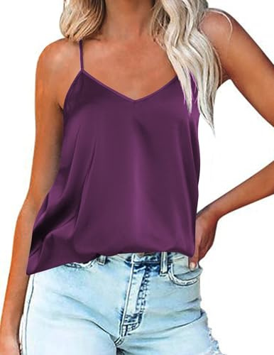 Ekouaer Damen Satin Underbyxor Tank Top Seide Camisole Spaghettiträger V-Ausschnitt Basic Tanks Verstellbarer Strap S-XXL, lila, L