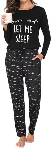 TeJoyce Pyjama Femme Coton Hiver, Ensembles de Pyjama Femmes Chauds Manches Longues à Motif Cils et Pantalon à Poches Assorti Vêtements de Nuit, Vêtements de Détente Loungewear S-XXL