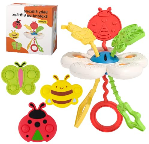 Montessori Silikon Zugschnur Aktivitätsspielzeug – Sensorik Spielzeug, sensorisches Ziehspielzeug ab 6 Monaten, Geschenk zur Förderung der Feinmotorik, Saugnapf Spielzeug Baby, ufo Spielzeug Baby