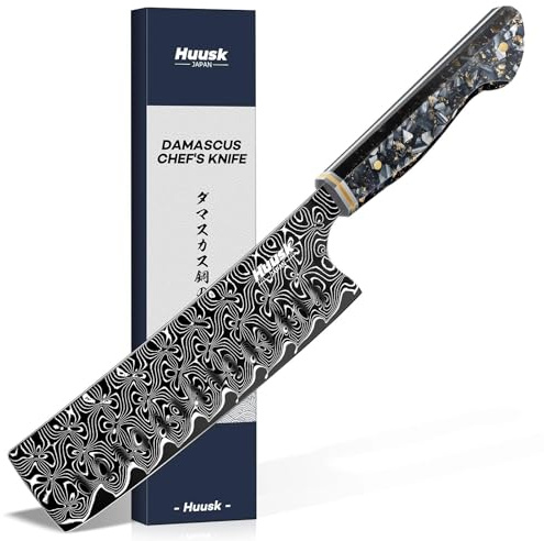Huusk Damascus Nakiri Knife 7 Inch, Japanese Damascus Steel Chef Knives, Cleaver and Vegetable Knife with Ergonomic Resin Handle, Razor Sharp Kitchen Knives, Birthday Cooking Gifts for Men and Women