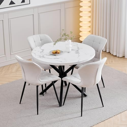 GrandCA HOME Set Tavolo e Sedie da Pranzo, 4 Sedie da Pranzo in Lino Color Bianco Sporco e un Tavolo Rotondo Moderno da 100 cm, Adatto per Cucina, Soggiorno, Caffetteria - Motivo in Marmo Bianco 1