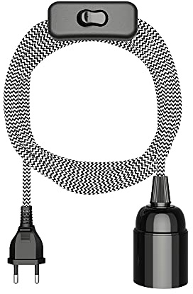 ledscom.de Textil lampkabel LEHA, svart/vit räfflad, 3 m, med stickpropp, strömbrytare och 1x E27-uttag, max. 60 W