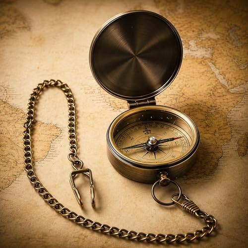 Boussole Vintage en Laiton avec Chaîne (37 cm) | Boussole Randonnée Étanche & Portable - Boussole Idéale pour Cadeau, Camping, Survie, Design Nautique Antique