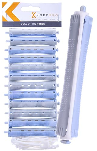 Kobe Professional Hairdressing Perm Rods with Rubbers - Non-Slip, Curling Tools for Wet/Dry Hair, Durable & Reusable - Ideal for Salons & Home Use - Grey/Blue 13 mm