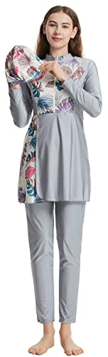 Women Muslim Swimsuit 3 Pieces Islamic Burkini Modest Swimwear Full Cover Rash Guard Long Sleeve Swim Top with Pants Hijab Swimming Costume Tankini Set Summer Beachwear Grey L