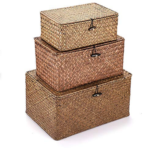 IGNPION Set of 3 Seagrass Lidded Storage Baskets Handwoven Shelf Storage Baskets Decorative Hamper Stakable Toy Organizer Box Natural Woven Multipurpose Organiser Container (Rectangular, Coffee)