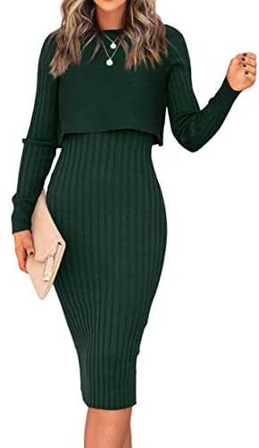 Ezbelle Women's Casual Long Sleeve Sweater Dresses 2 Piece Outfits Sets Ribbed Knit Crop Tops and Slim Fit Bodycon Midi Tank Dress (Dark Green Medium)