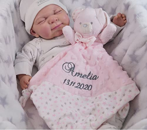 BotoBaby® - Schmusetuch mit Namen und Geburtsdatum - Kuscheltuch - (Rosa - Teddybär 2)