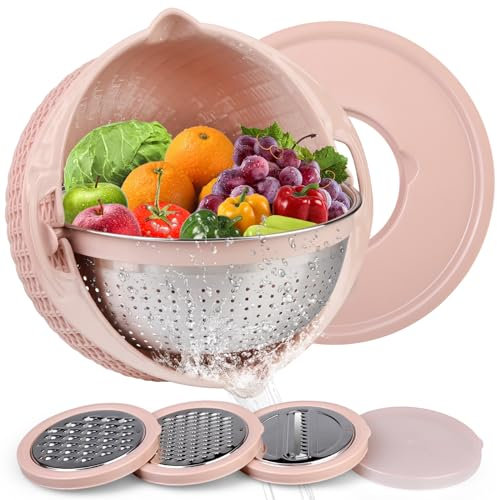 Yilingchild Multifunktion Küchensieb Set, 4 in 1 faltbar nudelsieb edelstahl sieb küche,Abtropfsieb mit Rührschüssel pink，durchschlag sieb