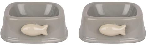 Banbury & Co Ceramic Cat Feeding Bowl, Dishwasher Safe Cat Bowl with Fish Design, grey (Pack of 2)