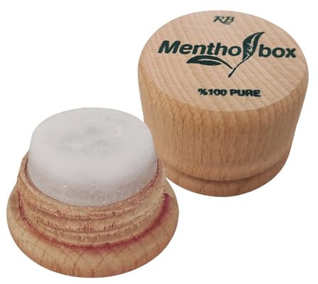 Muvax Mentholstein, Migränestein, Menthol Spa Massage, Natürliche Mentholkristalle, hilft bei der Linderung von Migräne und Kopfschmerzen - Runde Holzhalterung mit Schraubverschluss (1x6g)