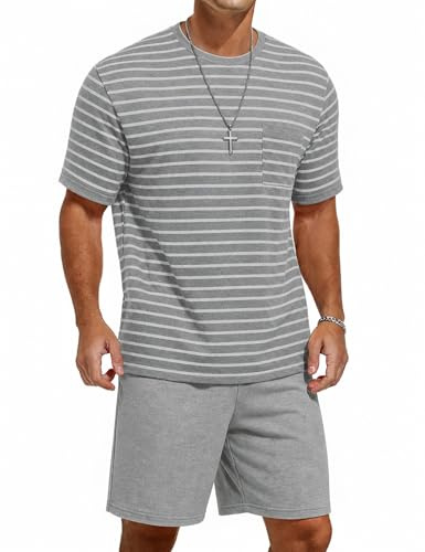 Jahetuul Pigiama Uomo Corto Pigiama Estivo Uomo Cotone Pigiama da Uomo a Righe con Cintura Elastica Pantaloncini da Notte Pantaloni da Notte Corti