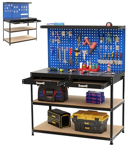 SOARS Banco da Lavoro, Organizer per Attrezzi in Metallo con 3 Pannelli Perforati con Kit di 24 Ganci, 2 Cassetti e 2 Ripiani, Banchi da Lavoro per Officina, Garage (Blu, 121 X 61 X 156 CM)