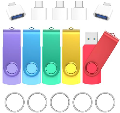 Pack de 5 Pendrives USB 3.0 32GB Wooolken – Alta Velocidad Azul & Cian con Adaptadores USB-C y Llaveros – Memoria USB para Oficina, Escuela, Viajes, Backup