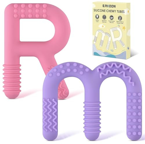 R&M Silicone Chew Sticks for Kids, Oral Motor Teething Tool for Autism, ADHD, Biting Needs, Alphabet Chewlery Teether Boys&Girls (Pink Purple)