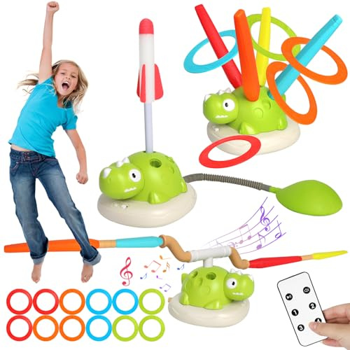3 en 1 Juegos al Aire Libre para niños, Salto Musical, Toss Ring Game Toys, Cohete Juguete Lanzador para Niños,Regalos a Partir de 4, 5, 6, 7, 8 años, Juguete de jardín con música