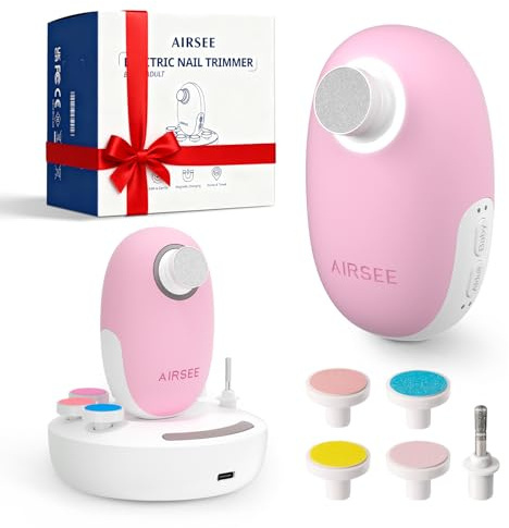 AIRSEE Premium Newborn Gift, Electric Baby Nail File, Cordless Safe Infant Nail Trimmer with 6 Replacement Pads, Magnetic Rechargeable Base, 360° LED Light, Baby Grooming Kit Gift (Candy Pink)