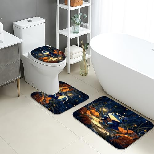 Juego de 3 alfombrillas de baño de anfibios, diseño de cielo nocturno natural, absorbentes, antideslizantes, en forma de U, lavables, hojas de otoño, juego de alfombras de baño de franela de secado