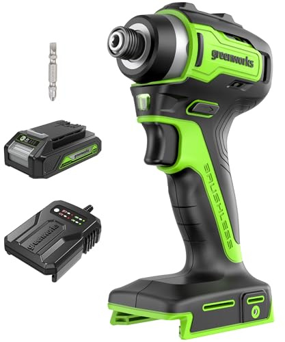 Greenworks 24 V borstlös slagskruv, 220N.m 1/4 tum, 2000 mAh batteri, borstlös motor