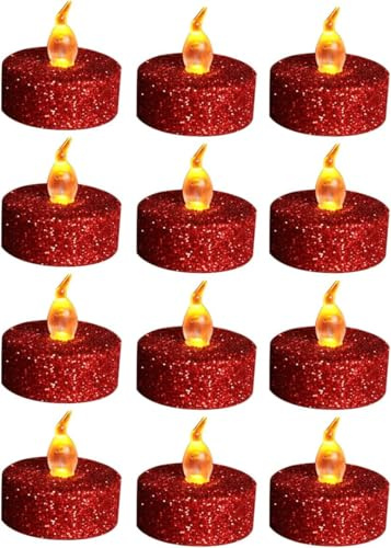 Bougies LED Chauffe-Plat, Pack de 8, Sans Flamme, 200 Heures d'Autonomie, 1.4x1.4 cm, Pile CR2032, pour Décoration Noël, Saint-Valentin, Mariage, Table (Poudre dorée rouge)