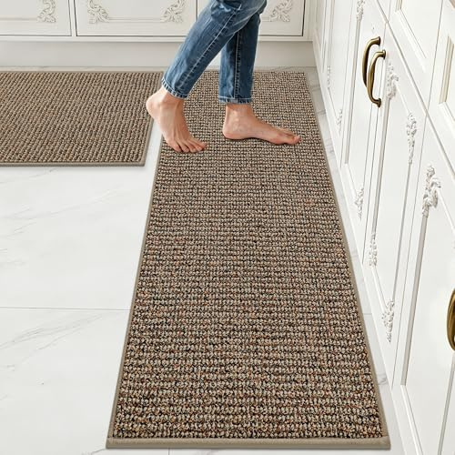 JSEI Kitchen Rugs and Mats, 2PCS Non-Slip Kitchen Mats for Floor, Machine Washable Absorbent and Stain Resistant Kitchen Runner, Carpet Mats with TPR Backing, 17''x30''+17''x60'', Taupe
