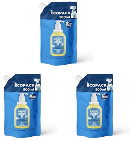 Le Petit Marseillais | Recharge Gel Lavant Mains Antibactérien (écopack de 500 ml) – Recharge savon liquide pour flacon-pompe – Savon mains à l’huile essentielle de sauge (Lot de 3)