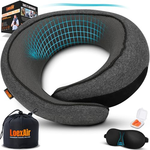 LoexAir® Nackenkissen Flugzeug, Reisekissen für Flugzeug, Auto - 100% Baumwolle & Memory-Schaum Nackenhörnchen, Leicht & einfach mitzunehmen, komplettes Reiseset (Schlafmaske, Ohrstöpsel) - Dunkelgrau