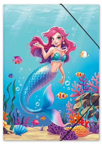 itenga Chemise à dessin DIN A3 avec motif - En carton - Motif au choix pour filles - Pochette à élastique, chemise de collection - Pour enfants, adolescents et élèves (Sirène - AQUA DREAMS)