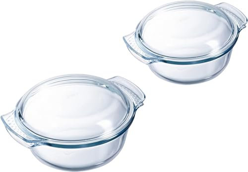 Pyrex 4 in 1 Set of 2 Casserole Dishes 1.6L Borosilicate Glass Wide Handles Steam-Cooking, Microwave, Dishwasher Safe, Made in France