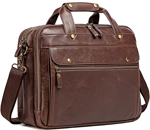 Bosidu Läderportföljer för män datorväska laptopväska vattentät retro affärer resa messengerväska för män stor 40 cm, perfekt för daglig användning/jul (brun)