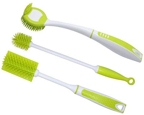 HomeFairy Set di 3 Spazzola di Bottiglia, Spazzole da Cucina Spazzola di Pulizia in Silicone per Biberon, Piatti, Tazze, Bottiglie Sport, Pentole e Padelle, Manico Lungo