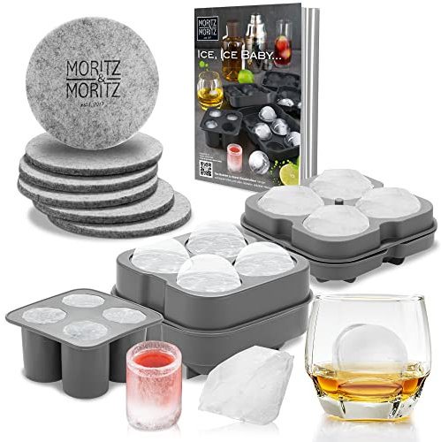 Moritz & Moritz 3x Eiswürfelbehälter Set für je 4 Eiswürfel Kugel, Diamant und Shotglas – Eiswürfelform Silikon für 12 Eiswürfel – Inkl. 6 Untersetzer & Rezeptheft