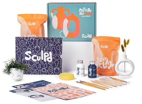 Sculpd Pottery Starter Kit - Complete Air Dry Clay Beginner Set for 2 Adults: Includes Sculpting Tools, Gloss Varnish, Paint Brushes, Guide, Video Tutorials & More - Date Night Gift, Arts Crafts Hobby
