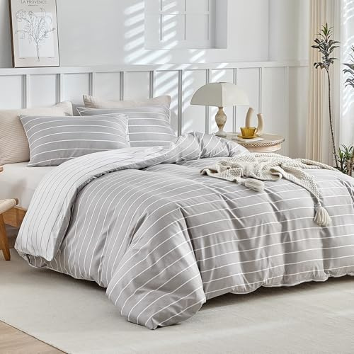 Lekesky Double Duvet Cover Set - Grey Bedding Set, Stripe Print Double Duvet Set (1x Duvet Cover, 2x Pillow Cases) Ultra-Soft Microfiber Grey Bedding