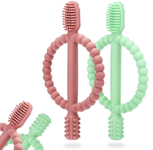 Baby Teething Toys with Easy-Hold Handle, Silicone Infant Toothbrush, Textured On Both Sides Helps Massage, Soothe Sore Gums, Teething Toys for Babies 0-6 Months, 6-12 Months Bright Green & Caramel