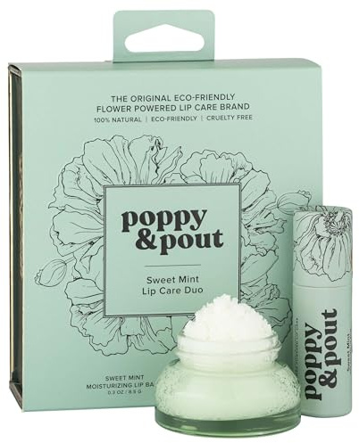 Poppy & Pout Lip Care Set | Lip Balm & Scrub | Sustainable Cardboard Tubes & Glass Jars, All Natural, Beeswax, Coconut Oil, Cruelty Free, Exfoliating & Moisturizing Lip Treatment (Sweet Mint)