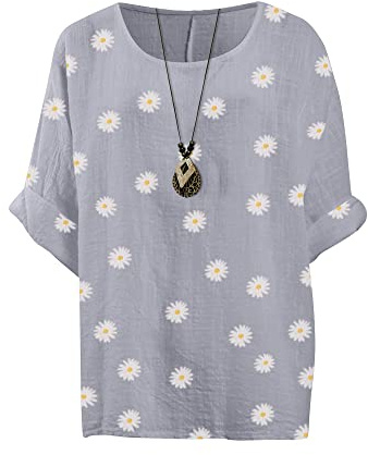 Love My Fashions® Women’s Summer Tops Casual Tunic Top for Women’s 3/4 Sleeve T-Shirt Ladies Floral Daisy Printed Loose Fit Top Blouse & Tee Shirts Light Grey
