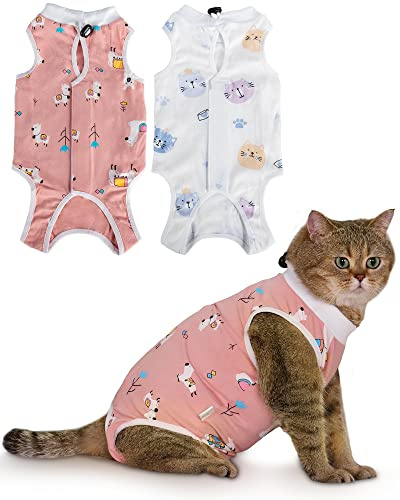ANWA 2 Pack Cat Recovery Suit Female, Breathable Cat Surgery Recovery Suits | Widened Abdomen Area, Cat Onesie Gentle on Sensitive Skin, Alpaca + Kitten, Large