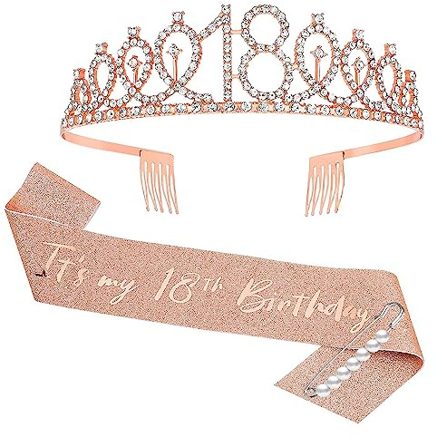 JurciCat 18 Cumpleaños Chica Fajín y Tiara Corona Banda de Oro Rosa Decoracion Regalos para los 18 años Birthday Girl Photocall Decoración de Fiesta