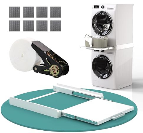 Zwischenbaurahmen mit Ausziehbarem weiß Boden für Waschmaschinen und Trockner mit Wäscheleine Zwischenbaurahmen 60,5x54,5cm, Stahl