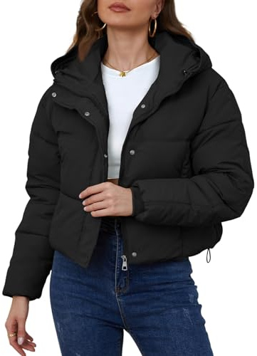 Yimoon Women Winter Padded Short Jacket Hooded Zipper Short Puffer Coat, Black/White, S