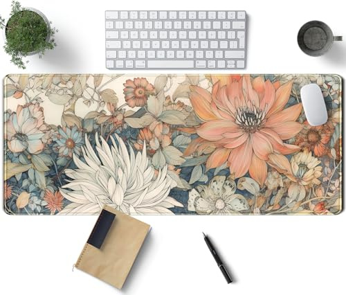 Japansk minimalistisk blommig skrivbordsmatta estetiska blommor XL stor utökad spelmusmatta med sydda kanter, stort laptop-datortangentbord och musmatta för flicka kvinnor kontorsdekor 80 x 30 cm