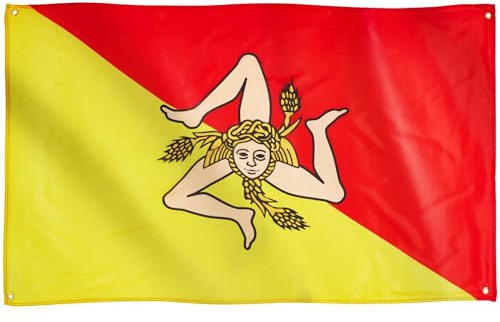 Runesol Bandera de Sicilia, 91x152cm, 3ft x 5ft, 4 Ojales, Ojal en Cada Esquina, Siciliana, Trinacria, Medusa, Banderas Premium, Interior, Exterior, Colores Vivos