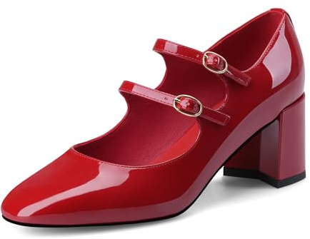 MIRAAZZURRA Escarpins à talon bloc Mary Jane Escarpins élégants avec bride de cheville et bout rond Chaussures vernies avec boucle, rouge, 36 EU