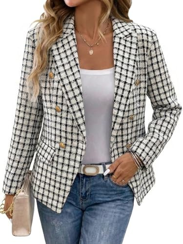 Mina Self Tweed-Blazer für Damen, kariert, Herbstmode, leicht, schmal, tailliert, zweireihig, Arbeitsjacke mit Taschen, Schwarz, S